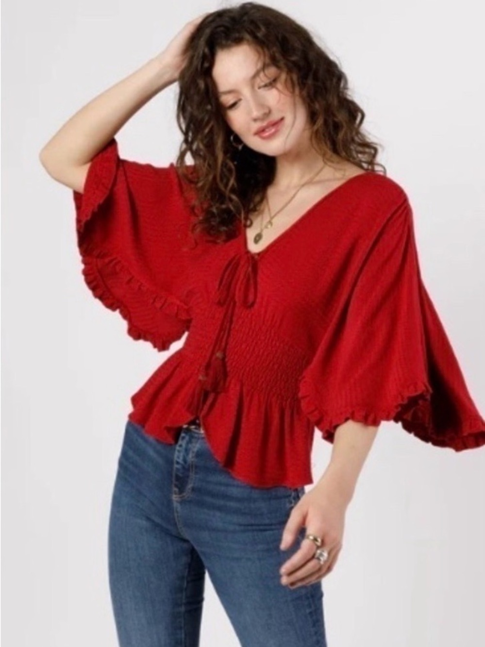 Band of the Free Womens Size M Red Flowy Sleeves Boho Smocked Waist Top Tassels